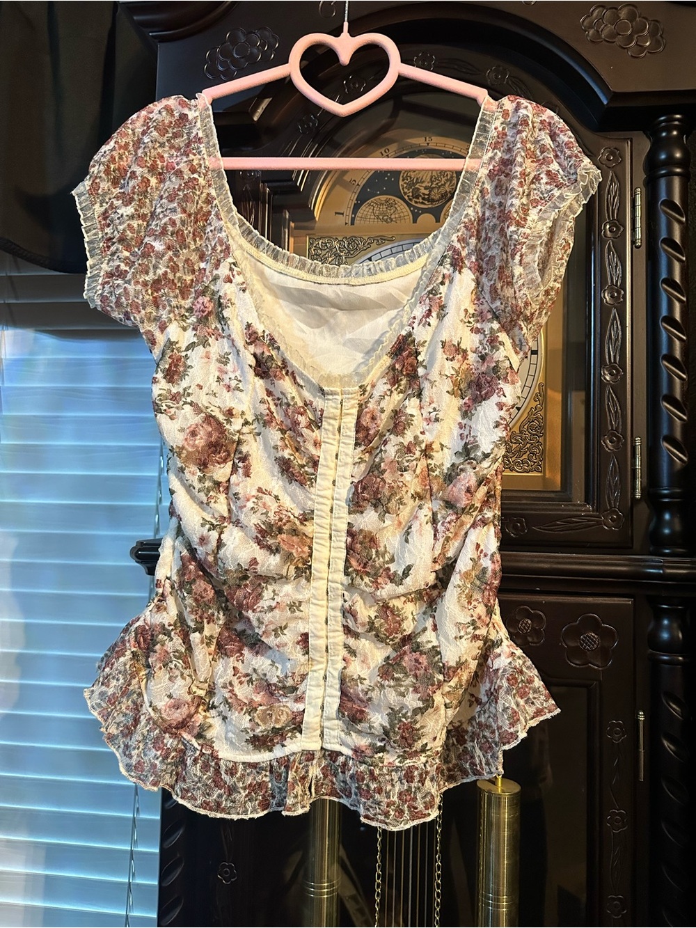 Promod Cream Floral Ruffle Blouse with Pink and Green Accents